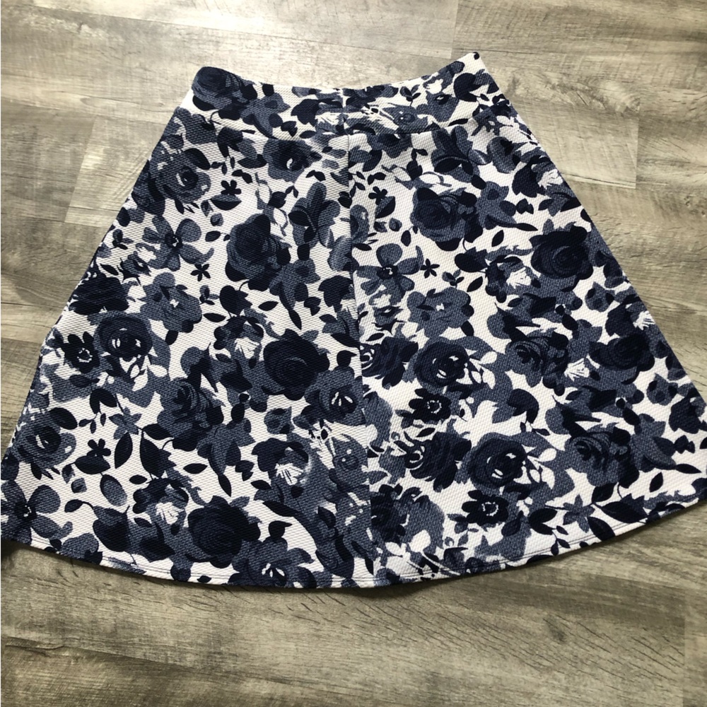 Navy Blue and White Floral A-Line Mini Skirt